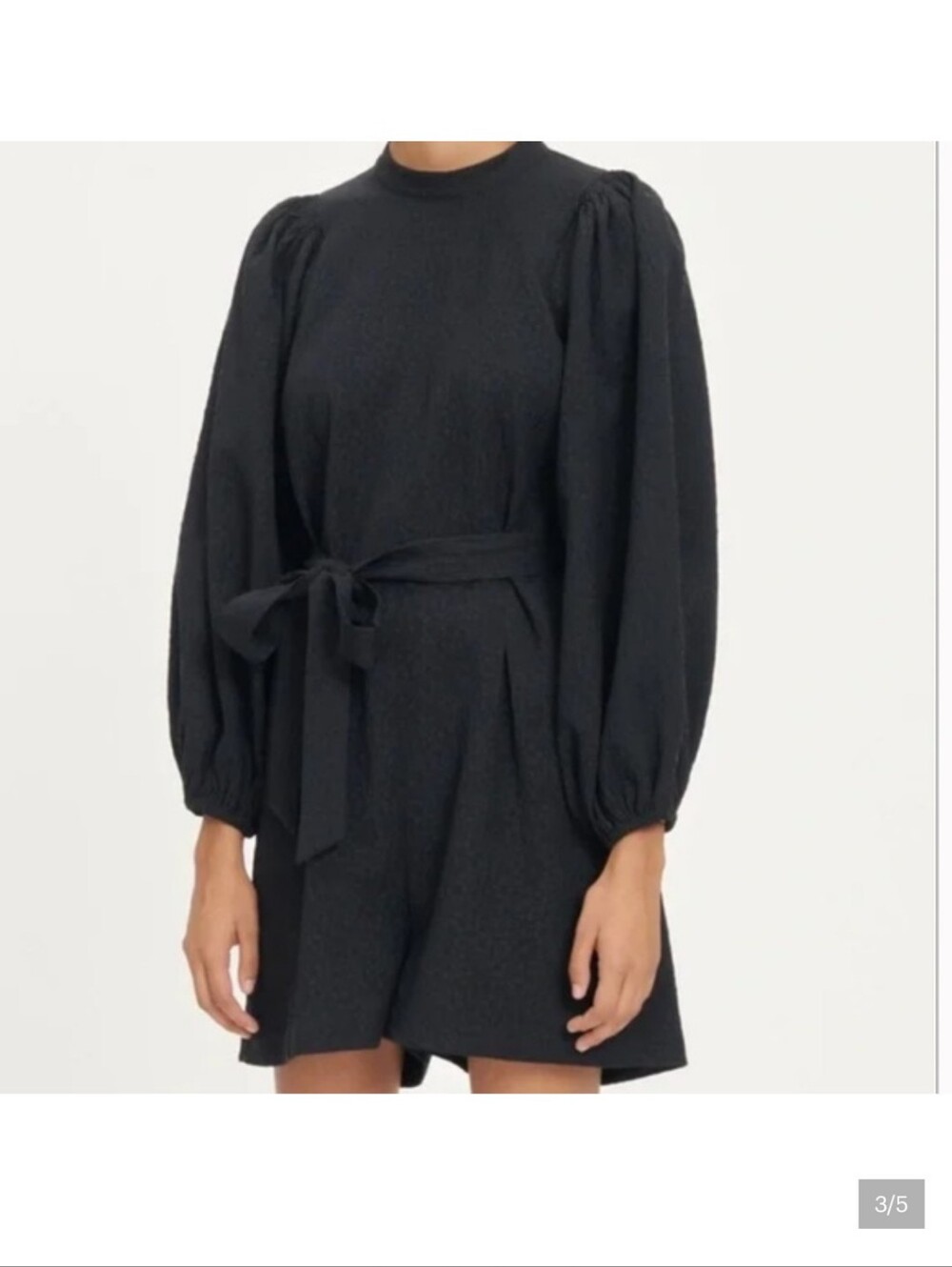 SAMSOE Black Puff-Sleeve Short Romper with Waist Tie